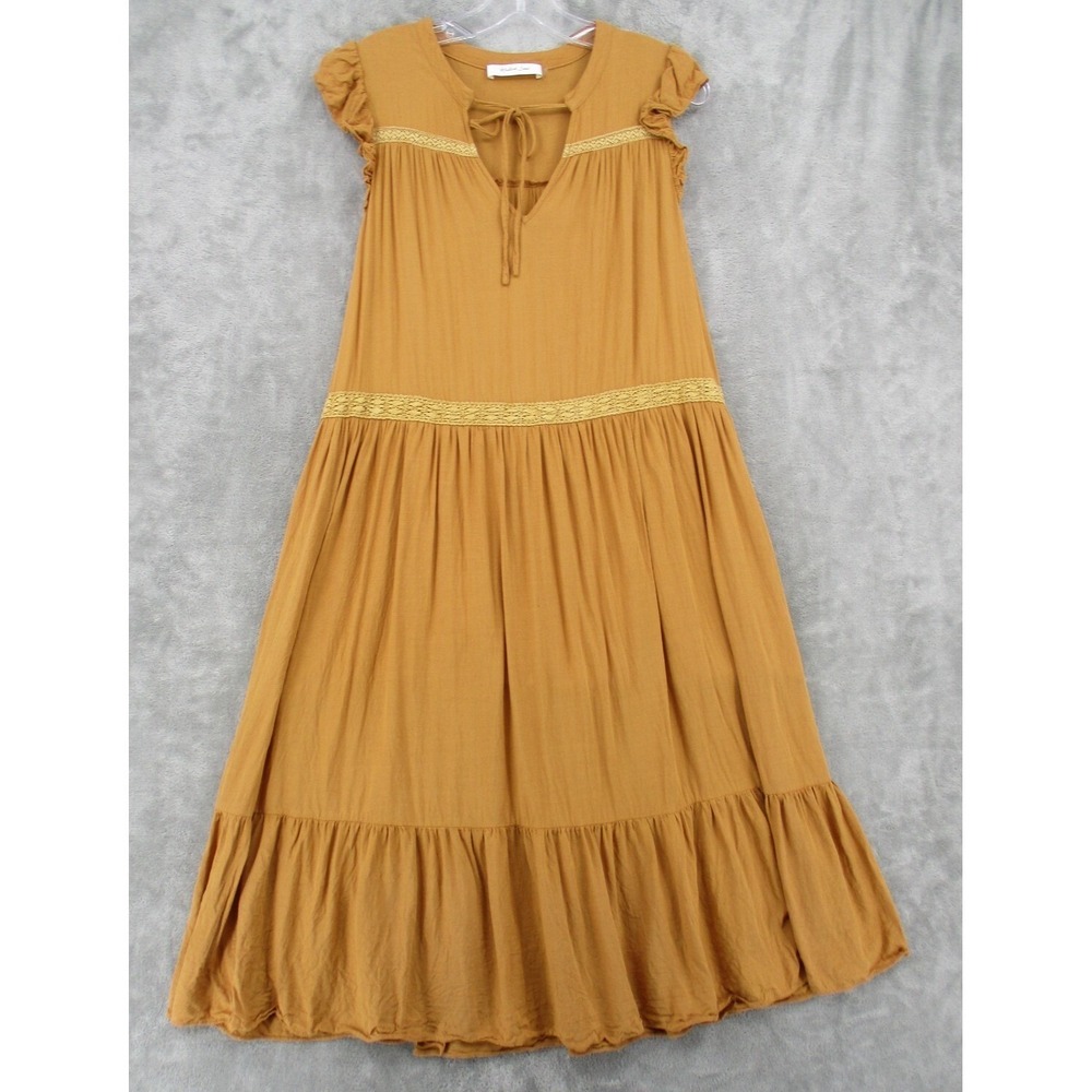 Mustard Seed Dress Womens Size L Mustard Boho Ruffle Tiered Midi Prairie Cottage